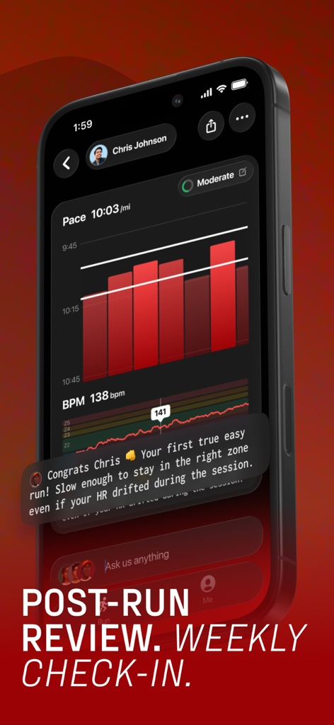 Kotcha mobile app interface showing post run pace and heart rate analytics with personalized coaching feedback.