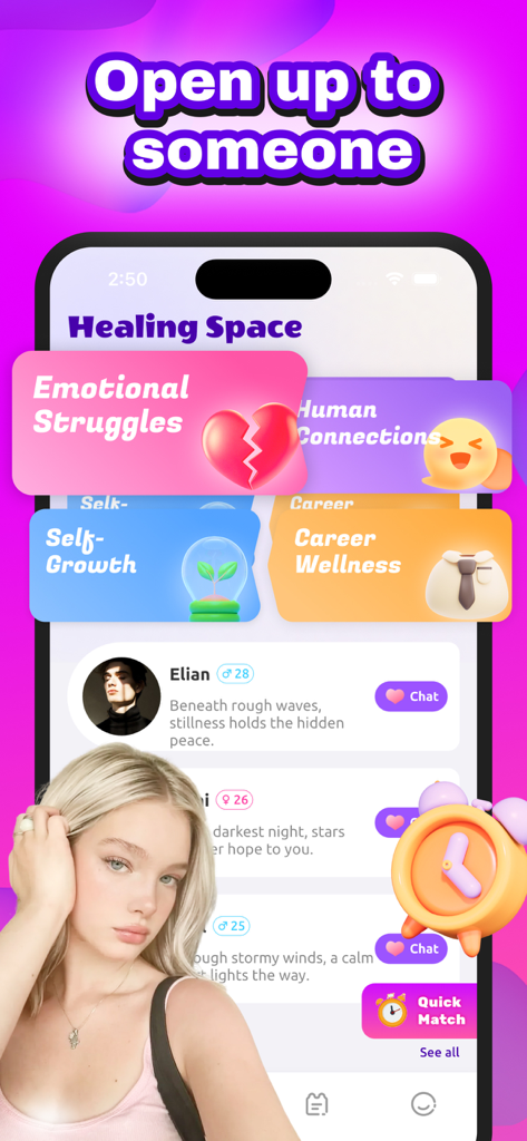 Taggo app interface showing the Healing Space with categories for emotional struggles and human connections