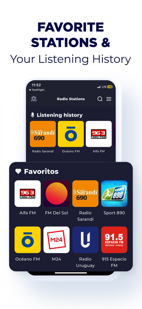 Radio Uruguay - Radio Online - Radio Uruguay app showing favorite stations and listening history interface.