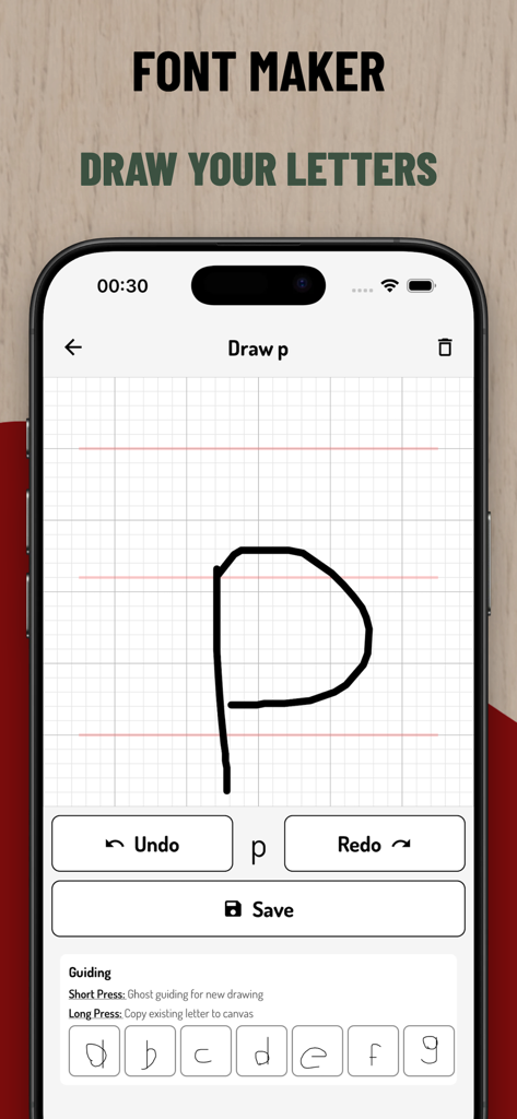 Bildschirm der Font Maker App, der die Handschrift-Oberfläche zum Zeichnen von Buchstaben auf einem digitalen Gitter zeigt.