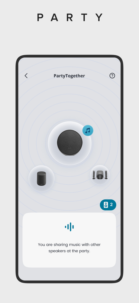 Harman Kardon One app interface showing the PartyTogether feature to share music across multiple speakers