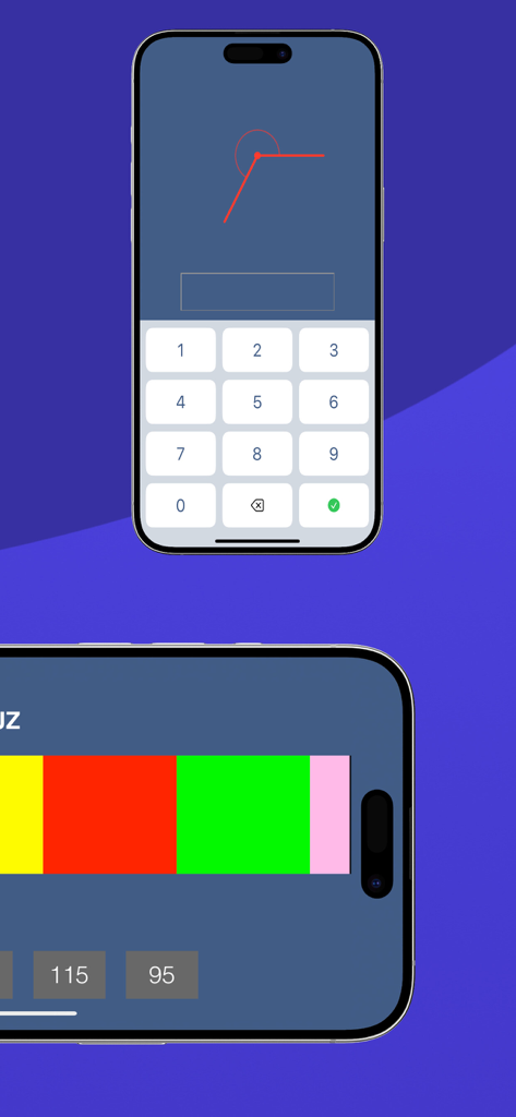 CBAT - Interface of the CBAT app showing angles and visual recognition aptitude tests on iPhone screens