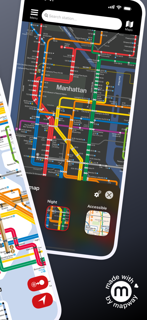 New York Subway MTA Map NYC - 맨해튼의 MTA 지도에 어두운 테마가 적용된 뉴욕 지하철 앱 인터페이스