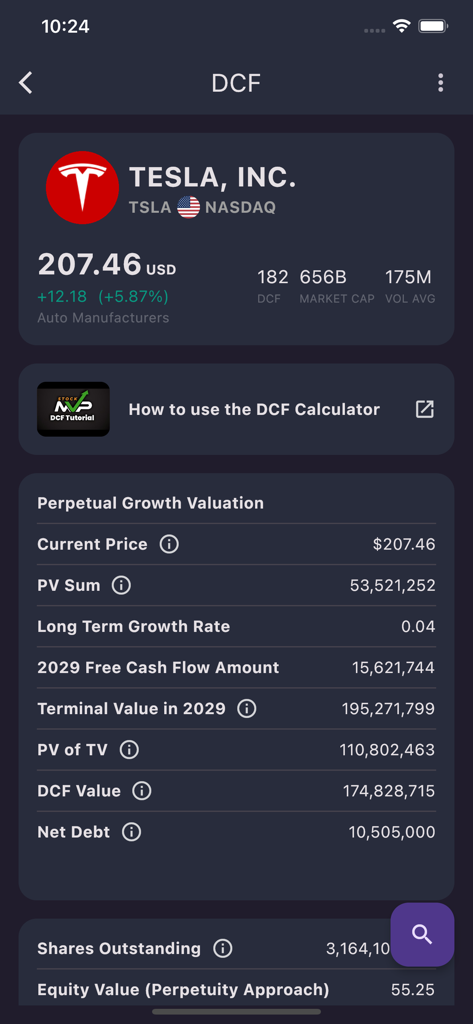 Stock MVP - Stock MVP mobile app interface showing Tesla Inc stock DCF valuation and financial metrics