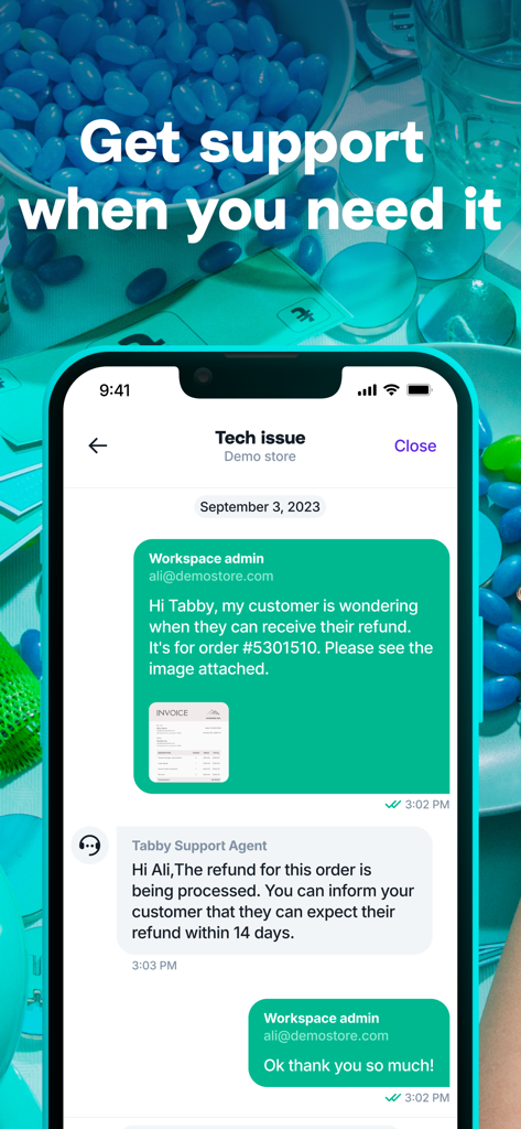Screenshot der Tabby Business App, der einen Support-Chat zwischen einem Händler und einem Support-Mitarbeiter bezüglich einer Kundenrückerstattung zeigt.