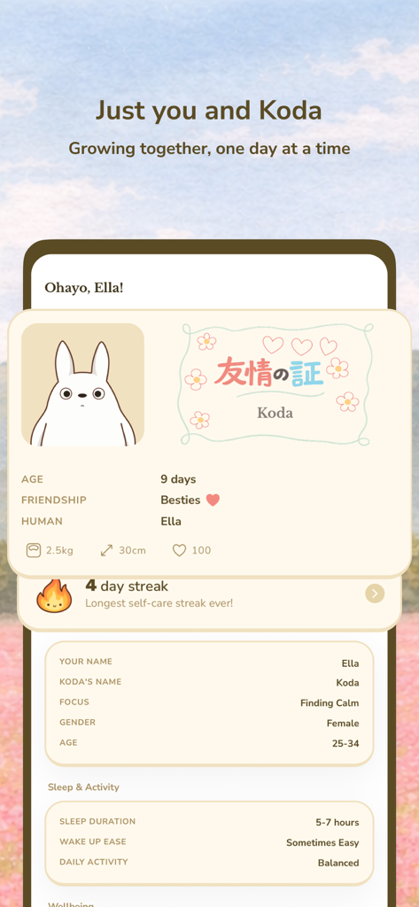 Koda: Cozy Self-Care - Profile screen in the Koda app showing friendship level with the forest spirit Koda and user wellness stats like sleep and activity.