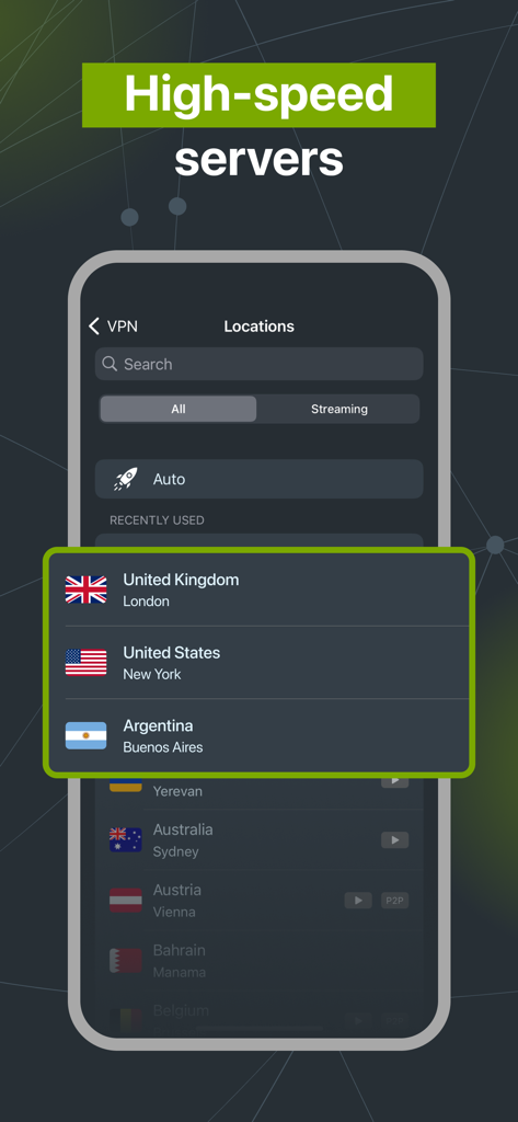 Interfaz de la aplicación móvil Zoog VPN mostrando ubicaciones globales de servidores de alta velocidad