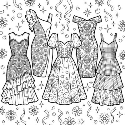 Unleash your inner fashionista with this stunning coloring page featuring a collection of elegant cocktail dresses. Designed for teens, it offers intricate patterns and festive details, perfect for a creative coloring adventure.