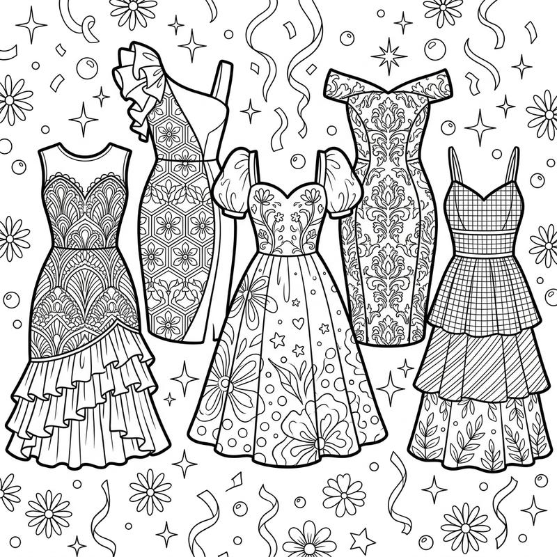 Unleash your inner fashionista with this stunning coloring page featuring a collection of elegant cocktail dresses. Designed for teens, it offers intricate patterns and festive details, perfect for a creative coloring adventure.