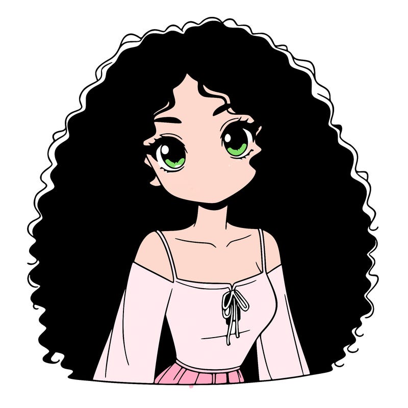 a black anime girl with long afro hair