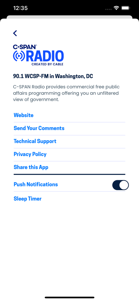 Das Einstellungsmenü der C-SPAN Radio App mit Optionen für Push-Benachrichtigungen, Sleep-Timer und technischen Support.