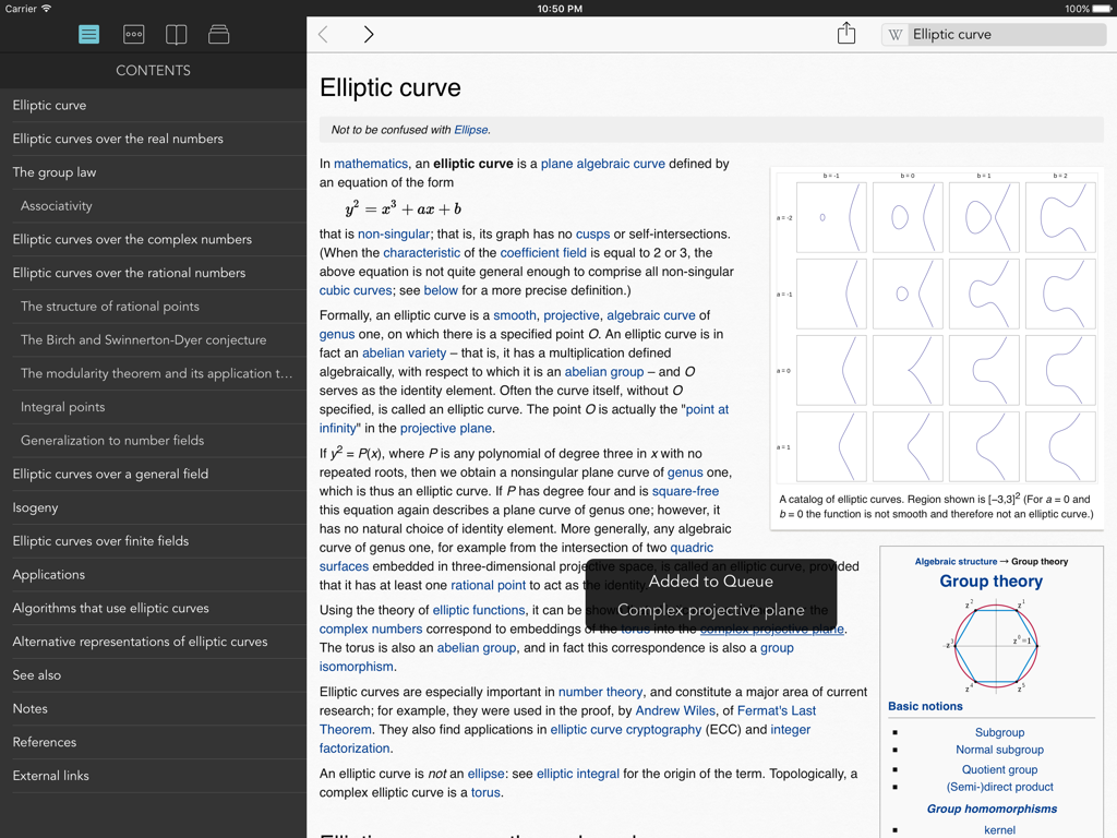 Wikipanion Plus for iPad interface showing a Wikipedia article and the queue mode feature notification