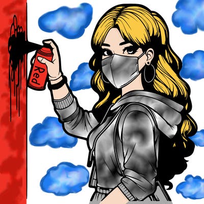 realistic girl with mask spray painting a wall