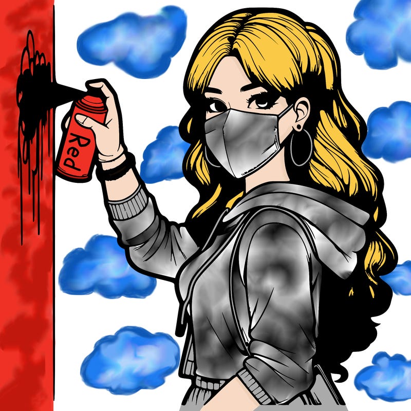 realistic girl with mask spray painting a wall