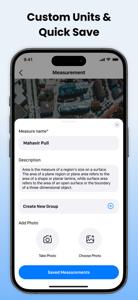 Field Area Measure on GPS Map - Oberfläche der mobilen App, die Optionen zum Benennen, Beschreiben und Hinzufügen von Fotos zu einer GPS-Flächenmessung zeigt.