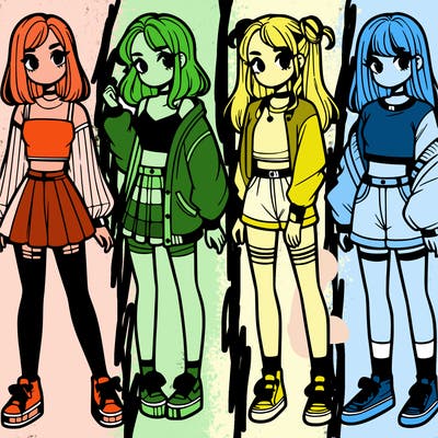 one girl with crop-top shirt and a jacket with a skirt, long socks and another girl with a shirt and pants with a jacket