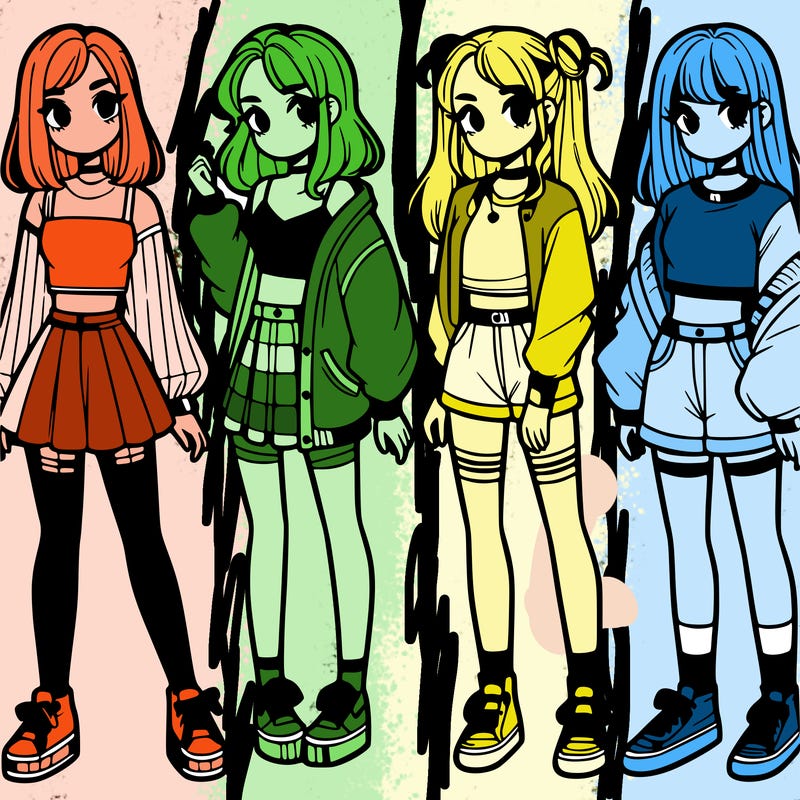one girl with crop-top shirt and a jacket with a skirt, long socks and another girl with a shirt and pants with a jacket