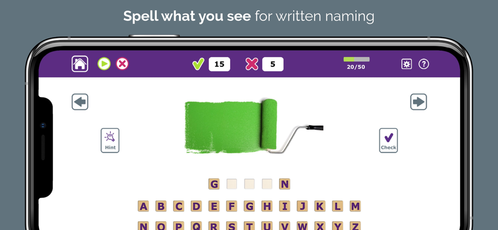 Writing Therapy - Writing Therapy app showing a spelling exercise with a paint roller photo and alphabet tiles for written naming practice.