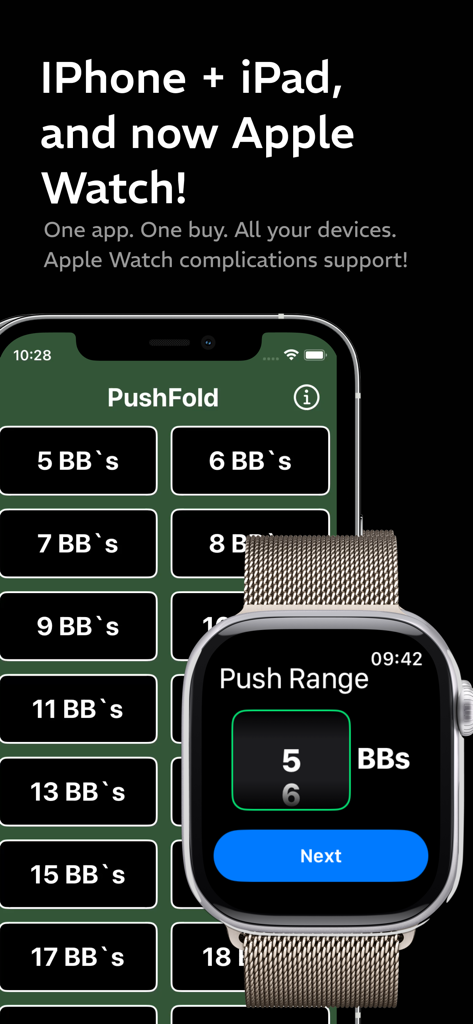 PushFold Poker App-Interface, angezeigt auf einem iPhone und einer Apple Watch, das Preflop Big Blind Ranges zeigt