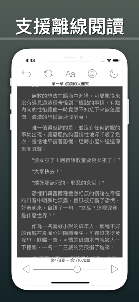 連載小說閱讀 - Screenshot of the Serialized Novel Reader app interface displaying a novel in dark mode with a headline about offline reading support.