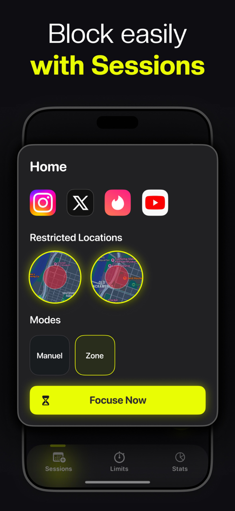 Screen Time Control: FocusMate - FocusMate app interface showing screen time control with social media app blocking and location based focus sessions