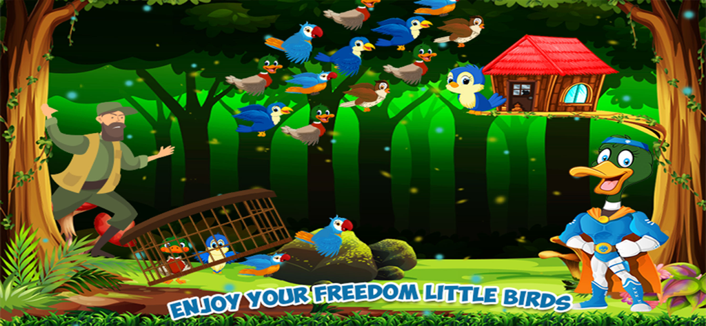 Superhero Bird VS Hunter - A superhero bird character in a blue suit and orange cape standing in a jungle next to a hunter and a cage of rescued birds