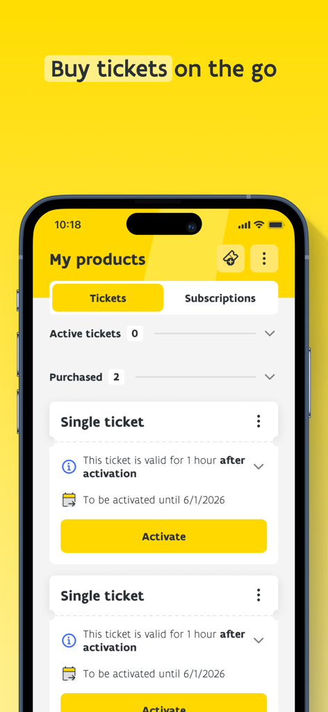 A smartphone screen of the De Lijn app displaying purchased digital tickets ready for activation for public transport in Flanders