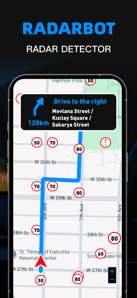 Speed Radar Bot: Speedometer - Speed Radar Bot app navigation interface with speed limits and radar alerts