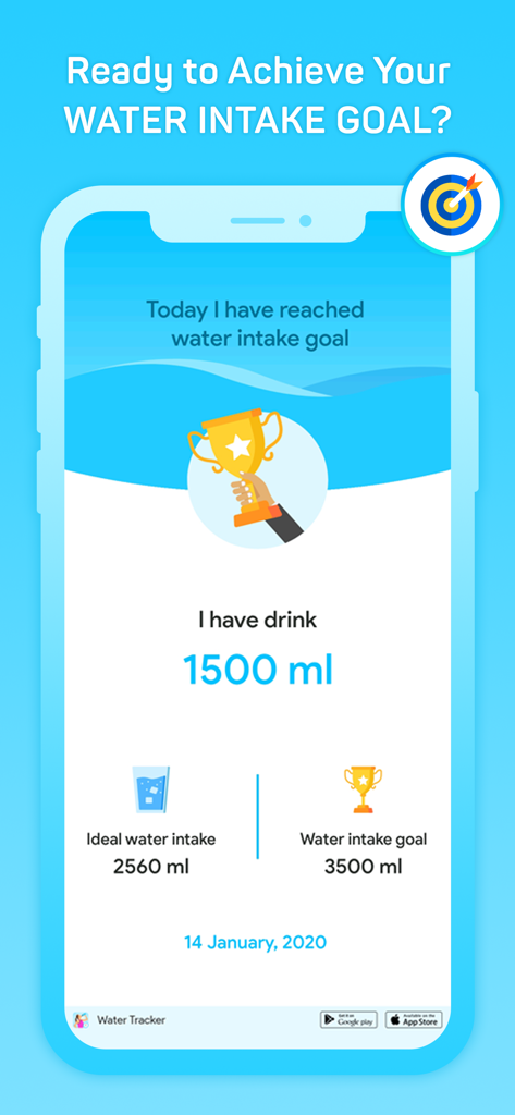 Daily Reminder + Water Tracker - A mobile application screen showing a daily water intake goal tracker with a trophy achievement icon and current consumption levels.