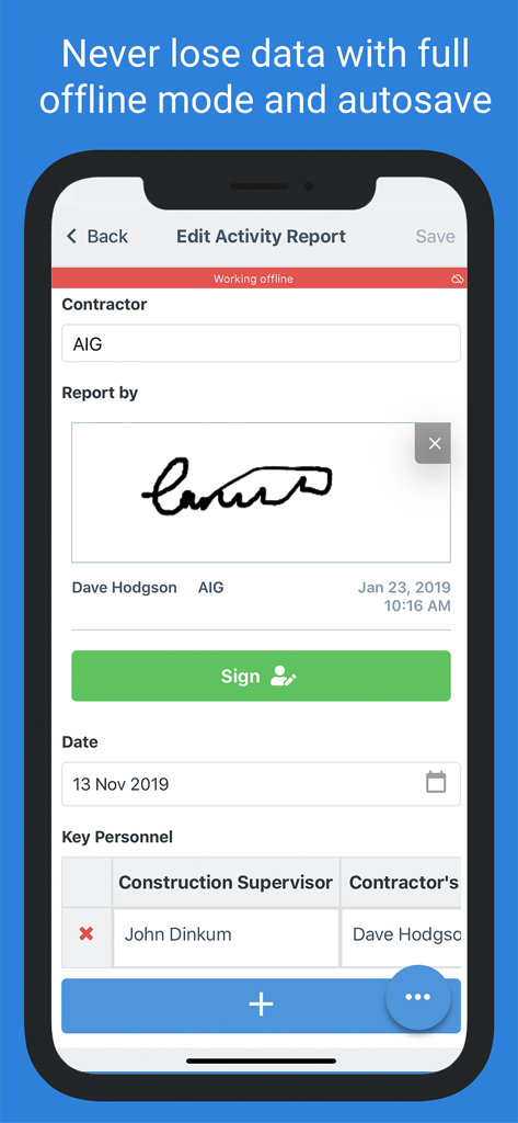 Dashpivot - Dashpivot app screen showing a construction activity report being edited in offline mode with a digital signature.