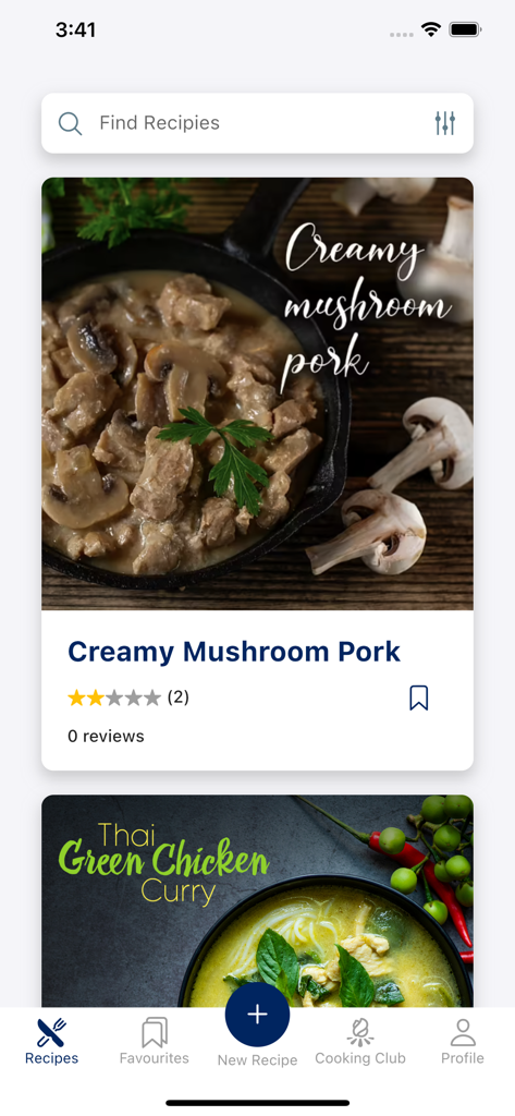 Courts Cook App - Home screen of the Courts Cook App displaying recipe cards for Creamy Mushroom Pork and Thai Green Chicken Curry with a search bar and navigation menu.