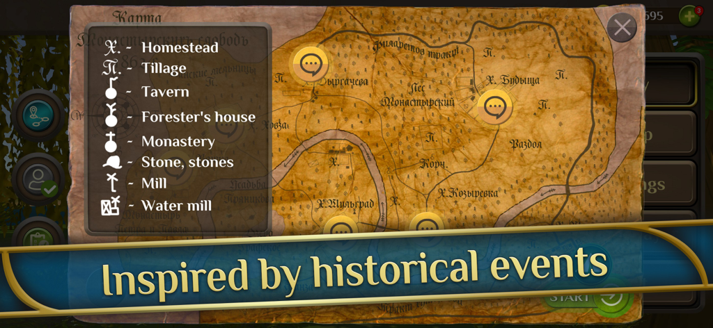 Treasure Hunter World - A vintage style game map interface with a legend of historical locations and markers