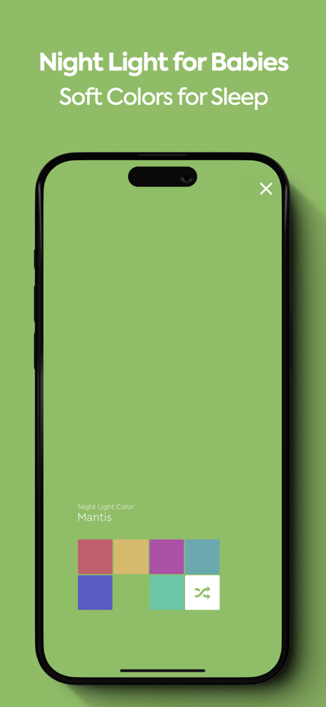 La funzione luce notturna dell'app Guva che mostra un colore verde tenue e una tavolozza di opzioni rilassanti per il sonno del bambino