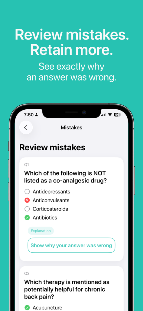 ScanQuiz: Study Smarter - Interfaz de la aplicación ScanQuiz mostrando una revisión de los errores del cuestionario con explicaciones de las respuestas para un mejor aprendizaje.
