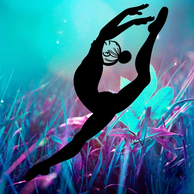 gymnast doing a leap in a leotard with a bent back leg