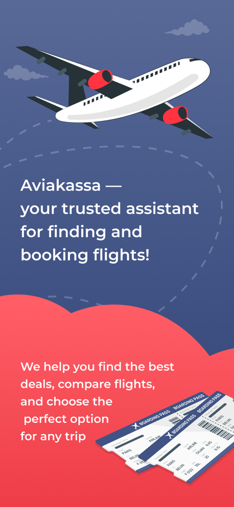 Pantalla de presentación de la aplicación Aviakassa con una ilustración de un avión y texto que promociona los servicios de reserva y comparación de vuelos.
