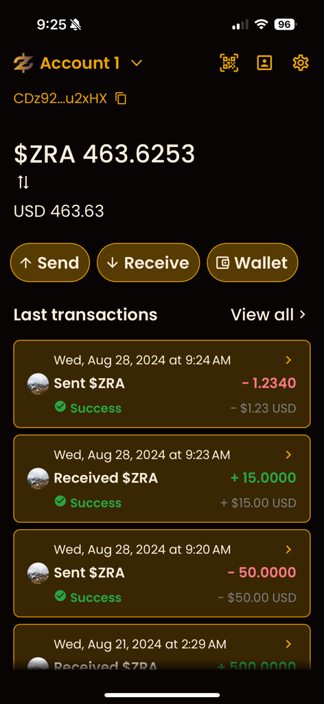 ZPay digital wallet dashboard showing ZRA token balance and transaction history.