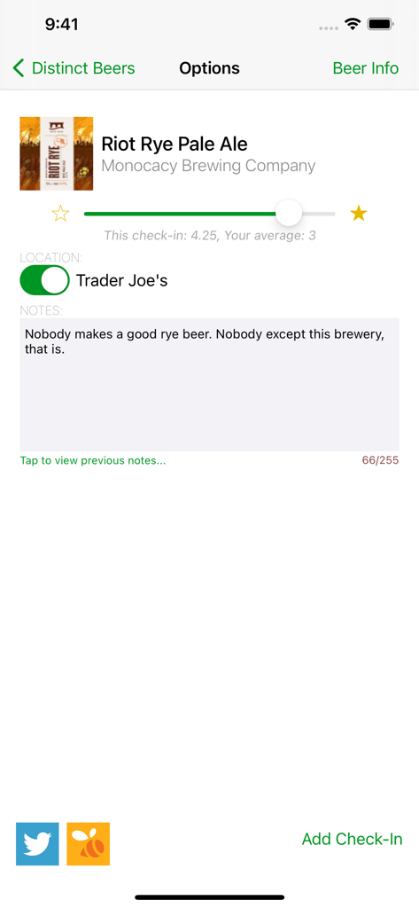 Tappd That for Untappd - Interface of the Tappd That app showing a beer check-in with a star rating slider and notes section