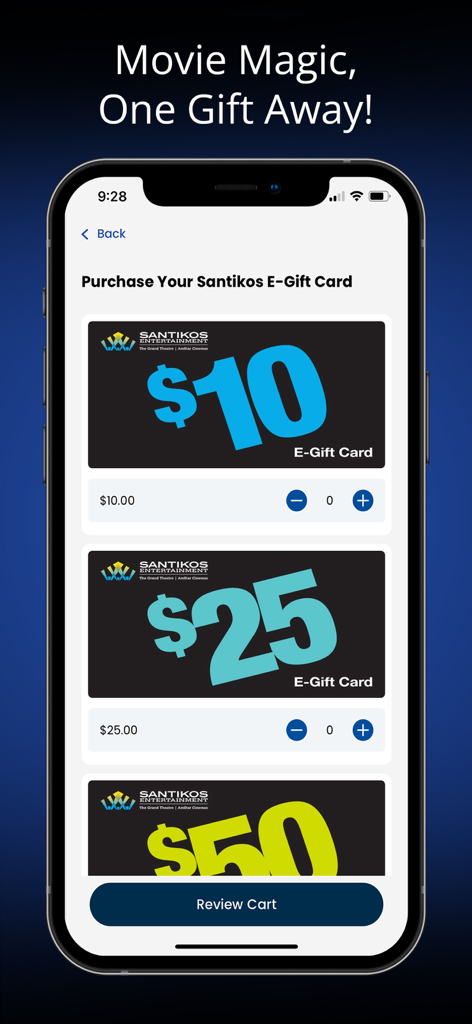Mobile screen showing Santikos Entertainment e-gift card options for ten, twenty-five, and fifty dollars.