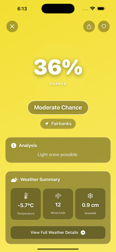 Snow Day Predictor Tracker interface showing a thirty six percent moderate chance of snow in Fairbanks with weather summary