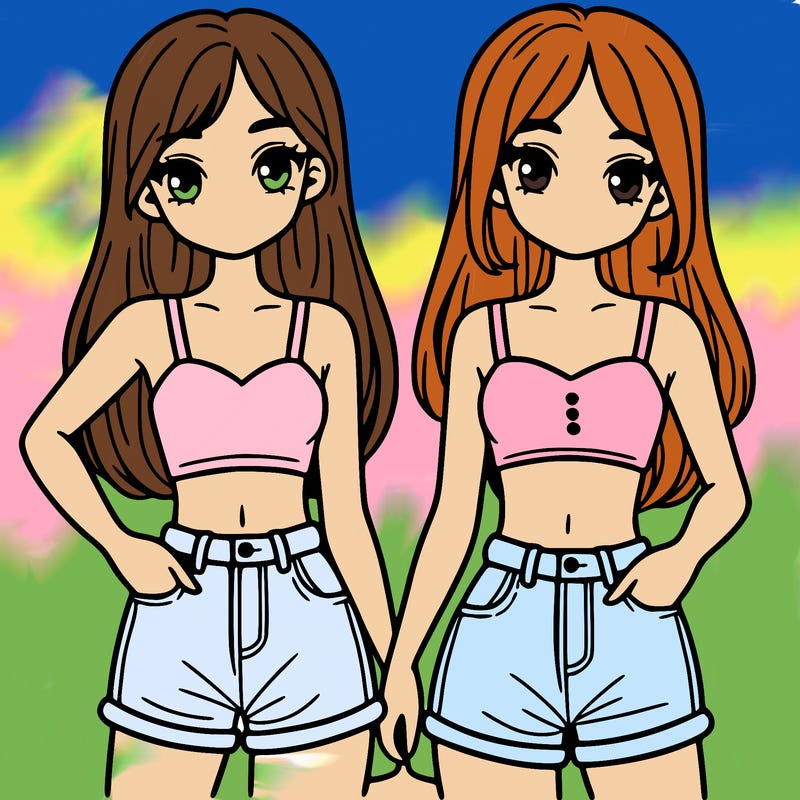 two sisters with crop tops and jean shorts and straight hair