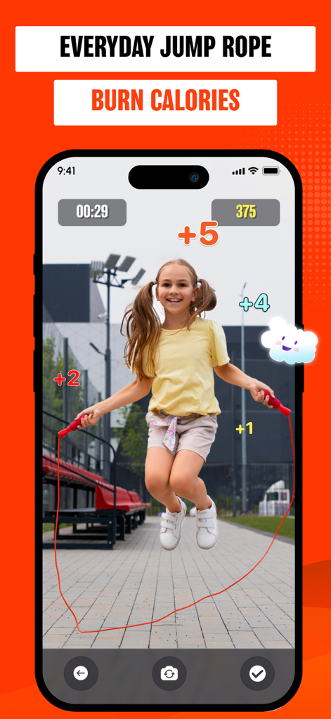 Rope Skipping - AI Counter - AI jump rope counter app interface showing real time jump tracking and calorie counting
