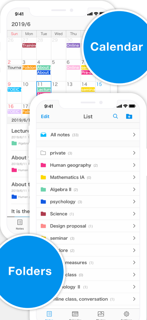 Simple Notes - Notepad Manager - Simple Notes app interface showing a color-coded calendar and a list of organized folders.
