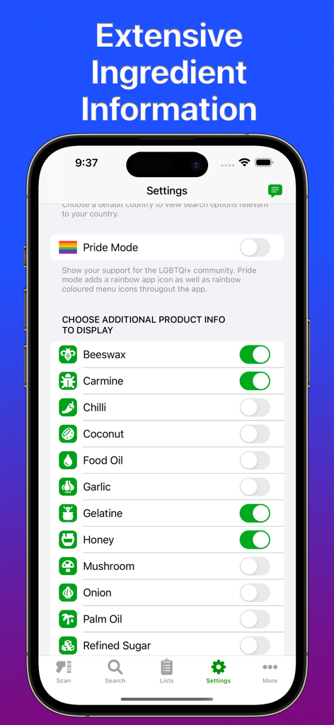 Allergen Scan - Pantalla de configuración de la aplicación Allergen Scan que muestra una lista de ingredientes y alérgenos específicos a rastrear con interruptores.