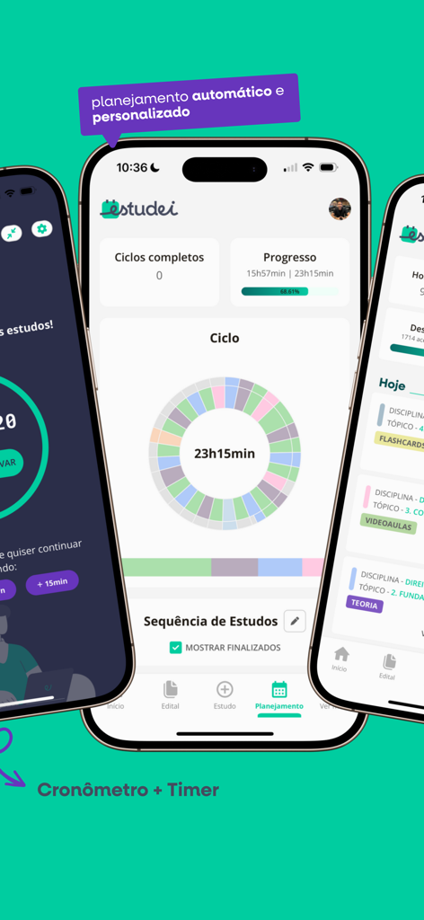 Estudei - Estudei app interface showing study progress charts and personalized planning on mobile devices