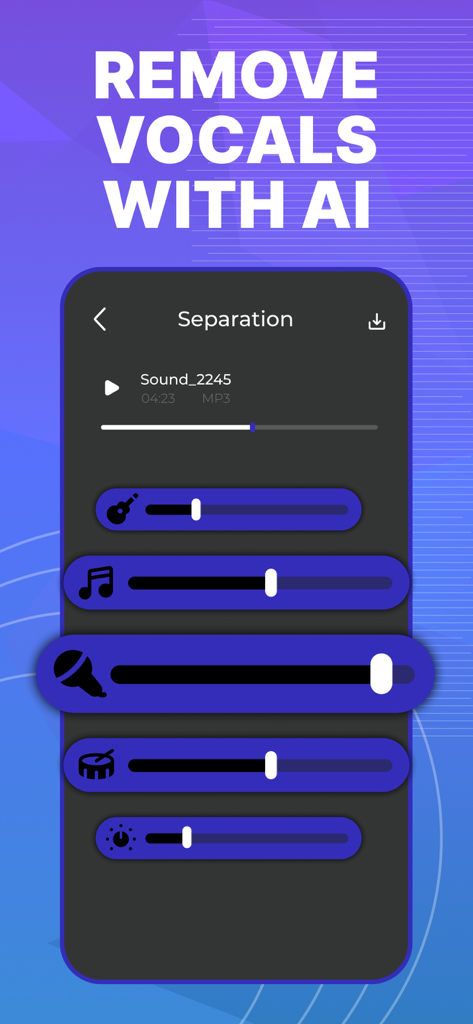 Audio Editor - AudioLab, Mixer - Interface showing AI-powered vocal and instrument separation sliders in the AudioLab app