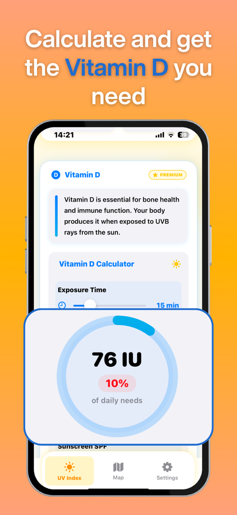 Sundex app interface showing the Vitamin D calculator and daily exposure progress