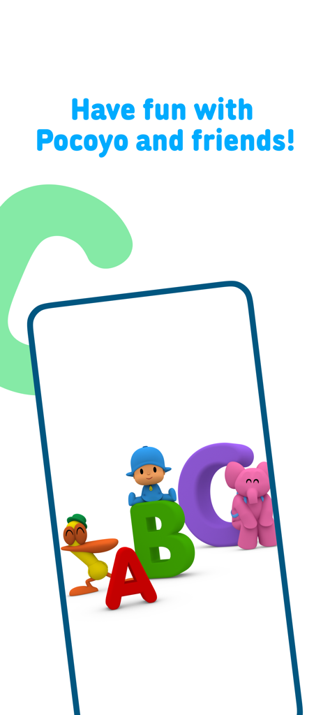 Pocoyó y sus amigos Pato y Elly con letras 3D coloridas A, B y C en la pantalla de un teléfono móvil