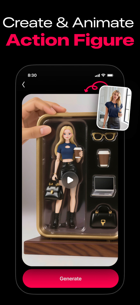 ArtReel app interface demonstrating the transformation of a portrait photo into a custom animated action figure