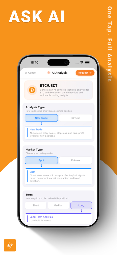 Interface do aplicativo Crypto Analysis AI mostrando configuração de negociação movida por IA para Bitcoin